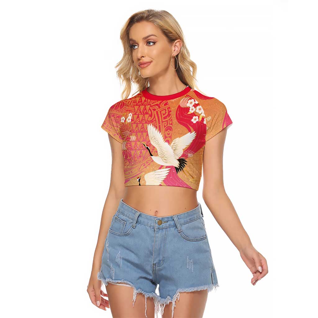 Hawaiian and Japanese Culture Together Raglan Cropped T Shirt Kakau Art Tattoo with Cranes and Sakura Spring Vibe - Polynesian Pride