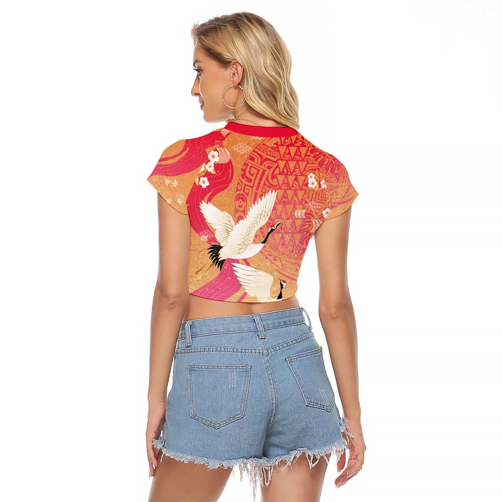 Hawaiian and Japanese Culture Together Raglan Cropped T Shirt Kakau Art Tattoo with Cranes and Sakura Spring Vibe - Polynesian Pride