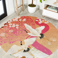 Hawaiian and Japanese Culture Together Round Carpet Kakau Art Tattoo with Cranes and Sakura Spring Vibe - Polynesian Pride