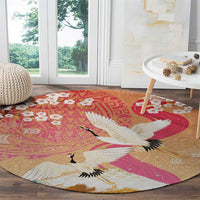 Hawaiian and Japanese Culture Together Round Carpet Kakau Art Tattoo with Cranes and Sakura Spring Vibe - Polynesian Pride