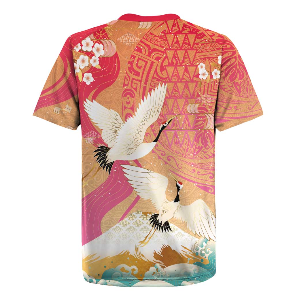 Hawaiian and Japanese Culture Together Rugby Jersey Kakau Art Tattoo with Cranes and Sakura Spring Vibe - Polynesian Pride
