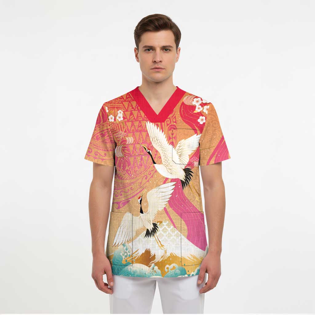 Hawaiian and Japanese Culture Together Scrub Top Kakau Art Tattoo with Cranes and Sakura Spring Vibe - Polynesian Pride