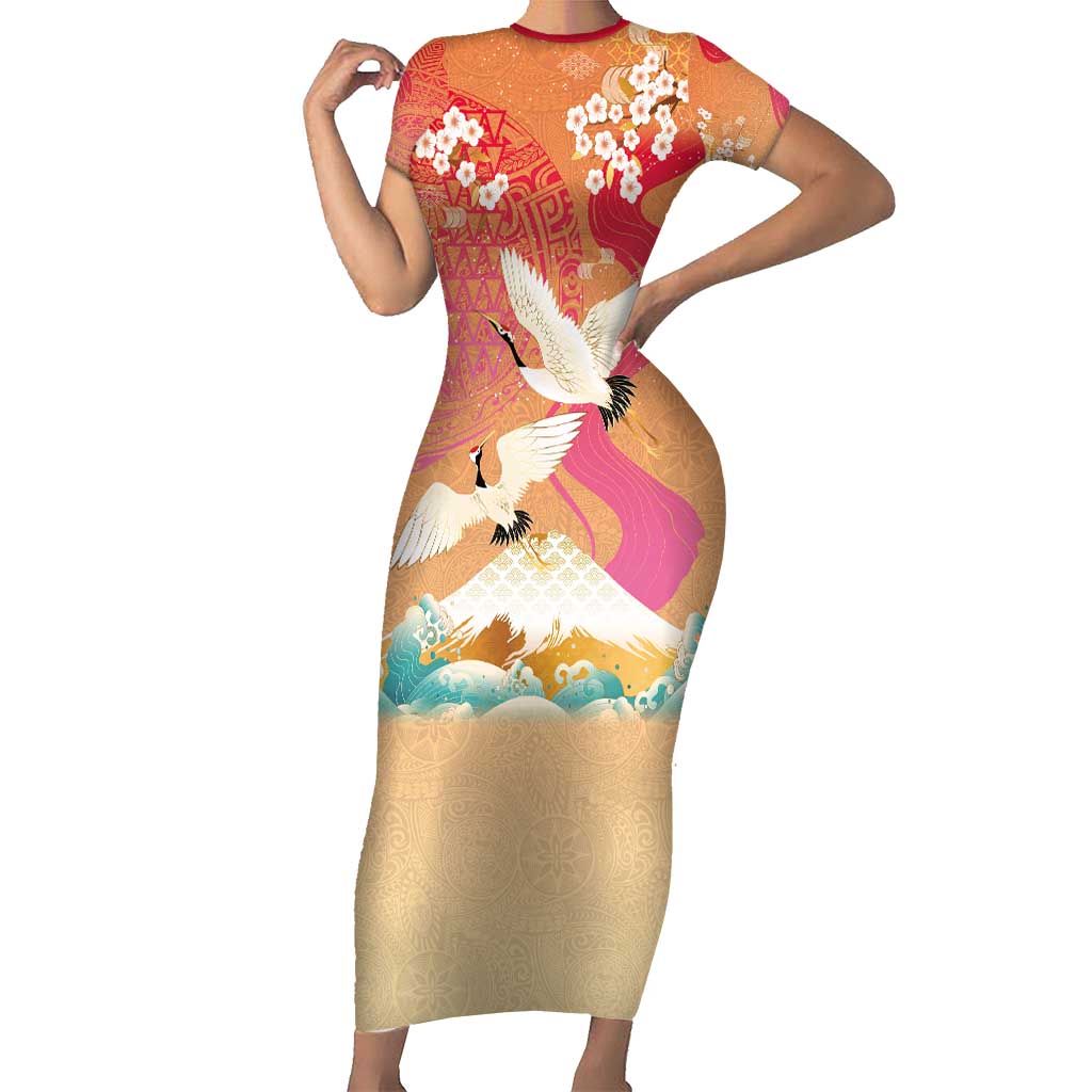 Hawaiian and Japanese Culture Together Short Sleeve Bodycon Dress Kakau Art Tattoo with Cranes and Sakura Spring Vibe - Polynesian Pride