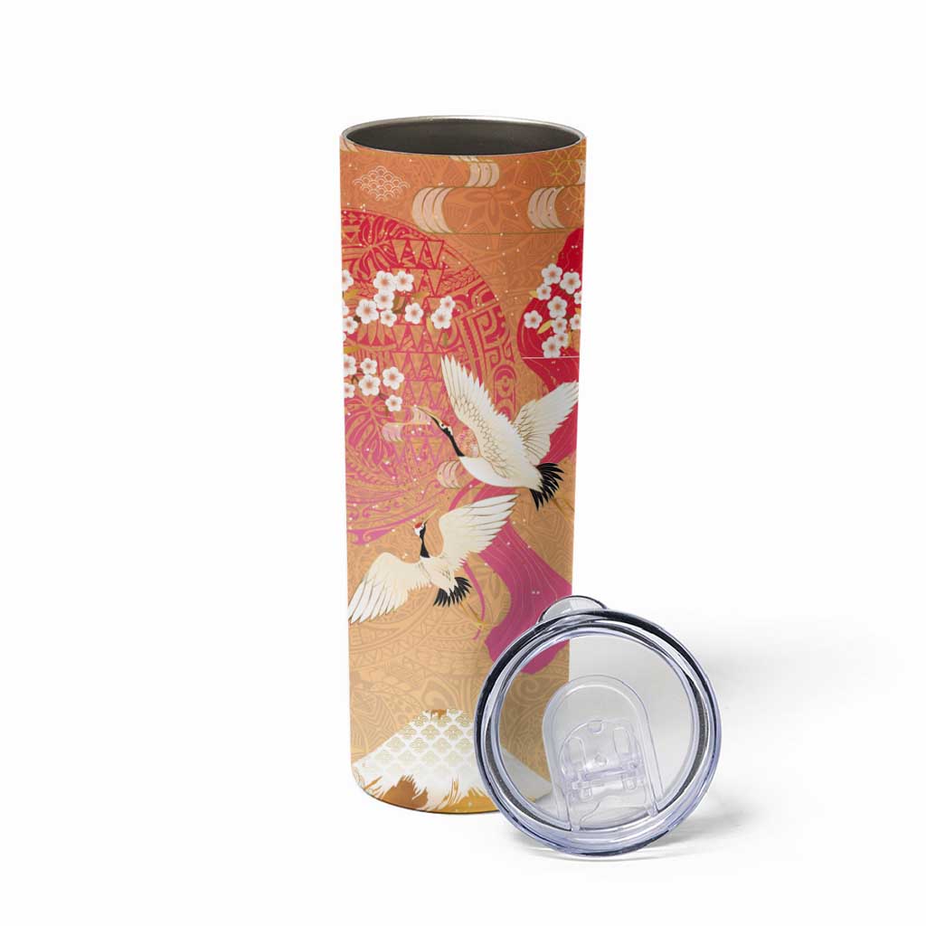 Hawaiian and Japanese Culture Together Skinny Tumbler Kakau Art Tattoo with Cranes and Sakura Spring Vibe - Polynesian Pride