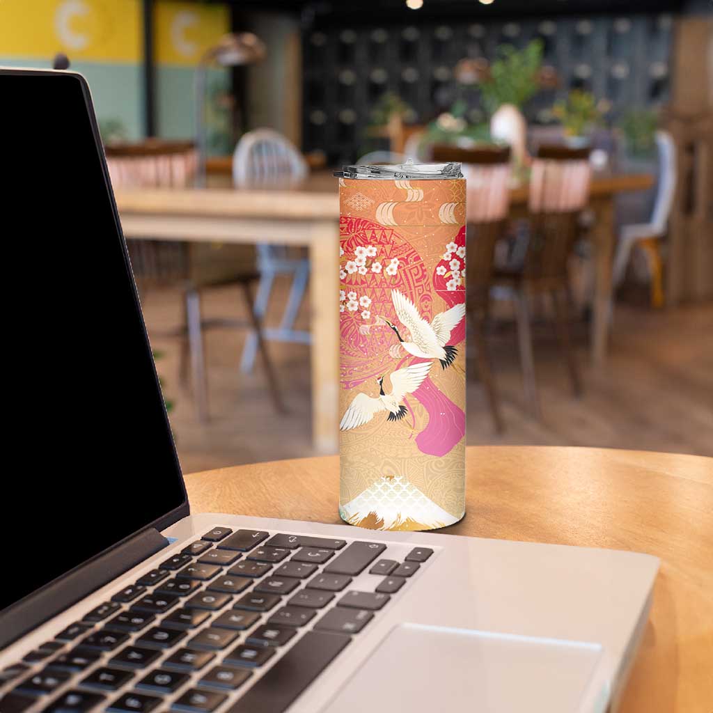 Hawaiian and Japanese Culture Together Skinny Tumbler Kakau Art Tattoo with Cranes and Sakura Spring Vibe - Polynesian Pride