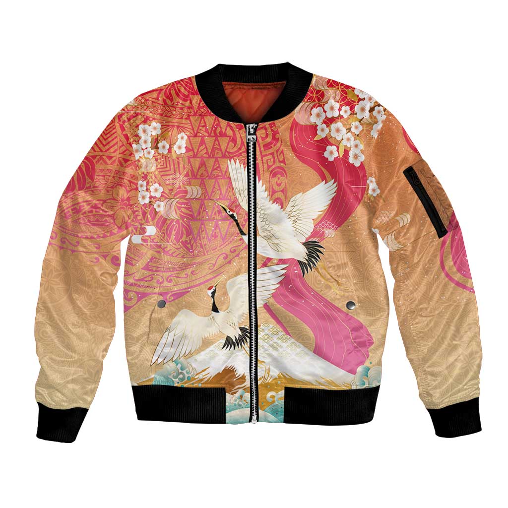Hawaiian and Japanese Culture Together Sleeve Zip Bomber Jacket Kakau Art Tattoo with Cranes and Sakura Spring Vibe - Polynesian Pride