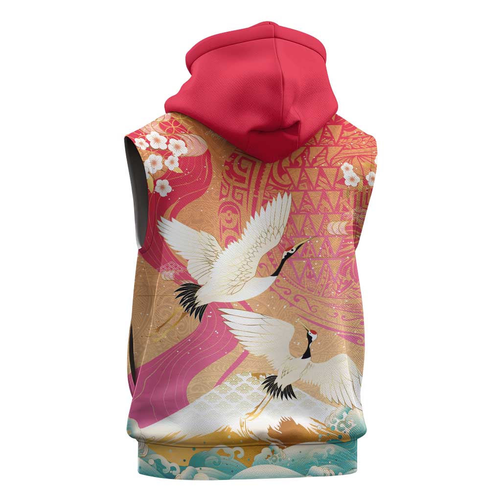 Hawaiian and Japanese Culture Together Sleeveless Hoodie Kakau Art Tattoo with Cranes and Sakura Spring Vibe - Polynesian Pride