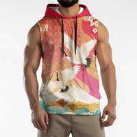 Hawaiian and Japanese Culture Together Sleeveless Hoodie Kakau Art Tattoo with Cranes and Sakura Spring Vibe - Polynesian Pride