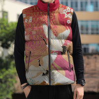 Hawaiian and Japanese Culture Together Sleeveless Puffer Jacket Kakau Art Tattoo with Cranes and Sakura Spring Vibe - Polynesian Pride