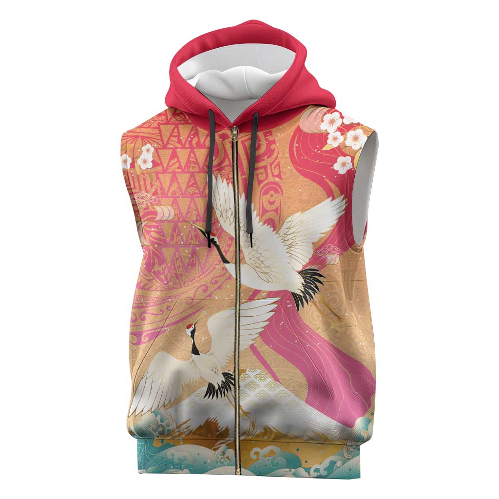 Hawaiian and Japanese Culture Together Sleeveless Zip Hoodie Kakau Art Tattoo with Cranes and Sakura Spring Vibe - Polynesian Pride