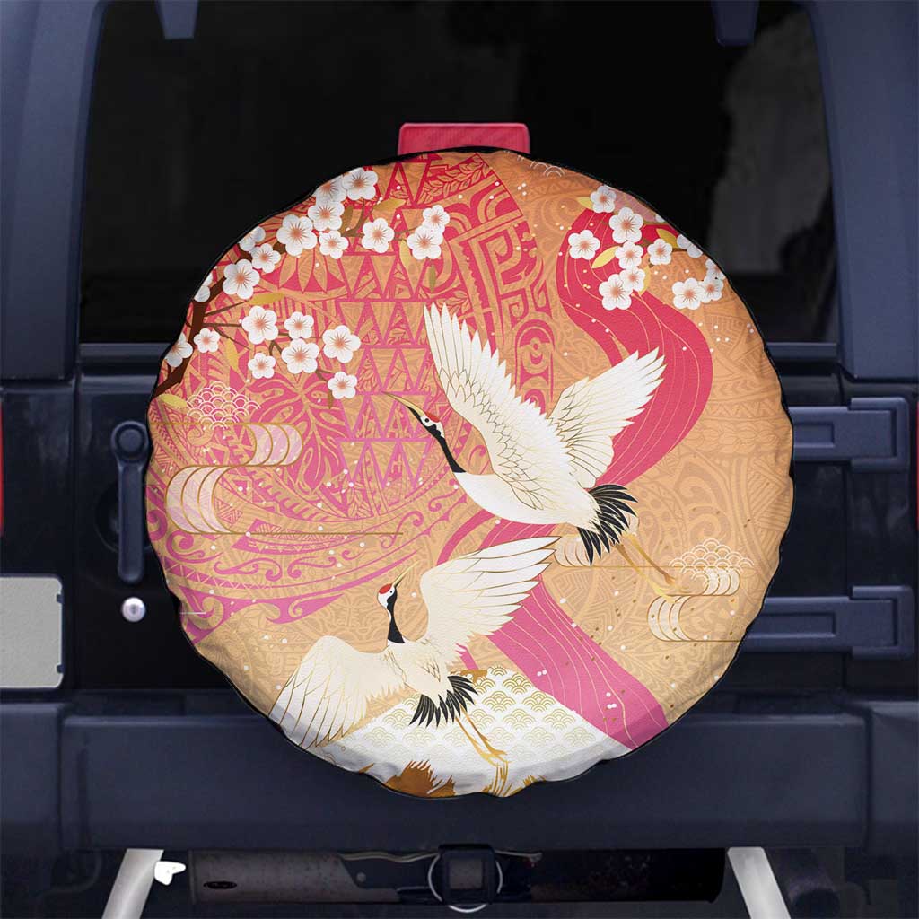 Hawaiian and Japanese Culture Together Spare Tire Cover Kakau Art Tattoo with Cranes and Sakura Spring Vibe - Polynesian Pride
