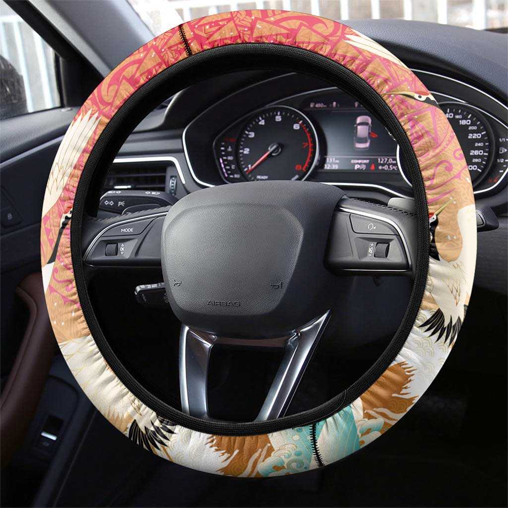 Hawaiian and Japanese Culture Together Steering Wheel Cover Kakau Art Tattoo with Cranes and Sakura Spring Vibe - Polynesian Pride