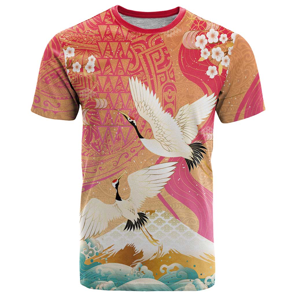 Hawaiian and Japanese Culture Together T Shirt Kakau Art Tattoo with Cranes and Sakura Spring Vibe - Polynesian Pride