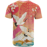 Hawaiian and Japanese Culture Together T Shirt Kakau Art Tattoo with Cranes and Sakura Spring Vibe - Polynesian Pride