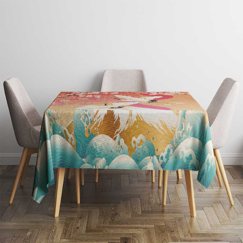 Hawaiian and Japanese Culture Together Tablecloth Kakau Art Tattoo with Cranes and Sakura Spring Vibe - Polynesian Pride