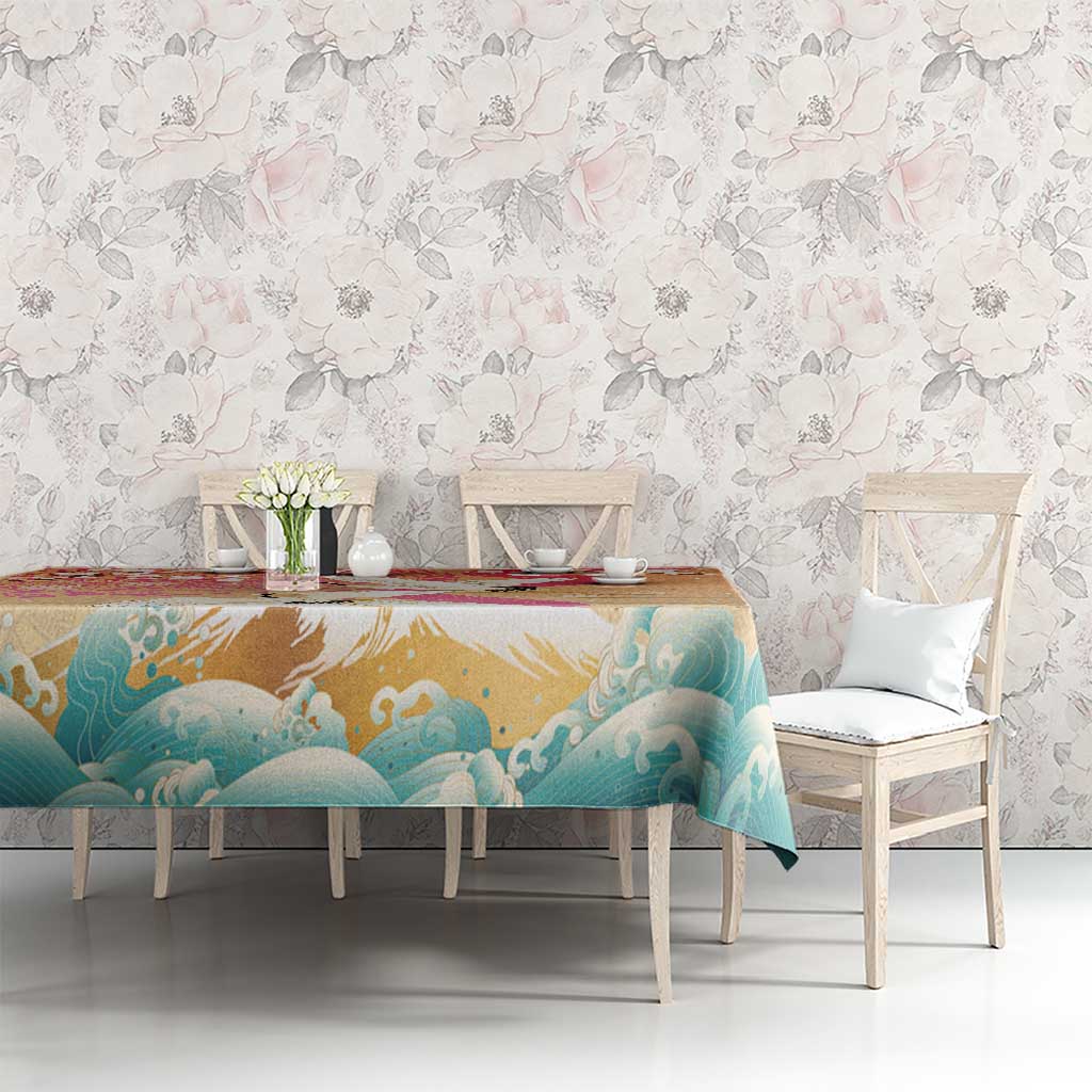 Hawaiian and Japanese Culture Together Tablecloth Kakau Art Tattoo with Cranes and Sakura Spring Vibe - Polynesian Pride