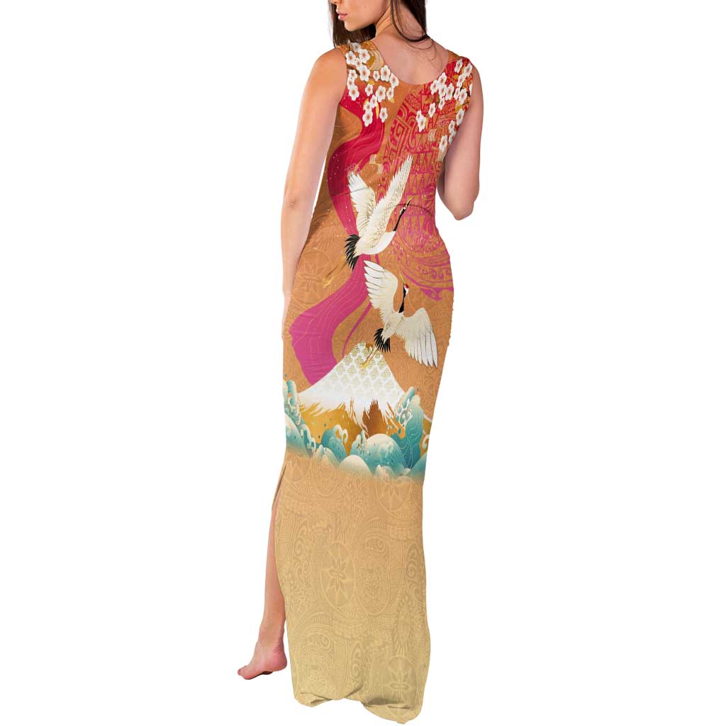 Hawaiian and Japanese Culture Together Tank Maxi Dress Kakau Art Tattoo with Cranes and Sakura Spring Vibe - Polynesian Pride