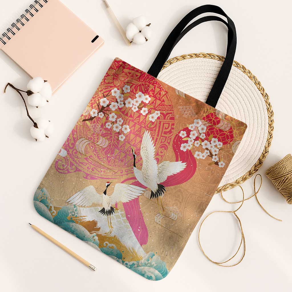 Hawaiian and Japanese Culture Together Tote Bag Kakau Art Tattoo with Cranes and Sakura Spring Vibe - Polynesian Pride