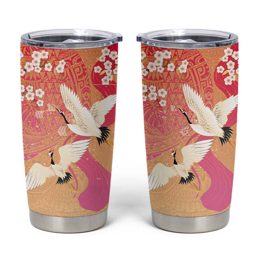Hawaiian and Japanese Culture Together Tumbler Cup Kakau Art Tattoo with Cranes and Sakura Spring Vibe - Polynesian Pride