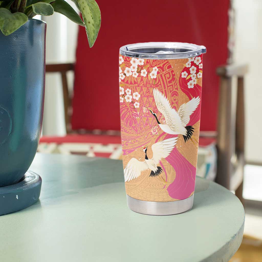 Hawaiian and Japanese Culture Together Tumbler Cup Kakau Art Tattoo with Cranes and Sakura Spring Vibe - Polynesian Pride