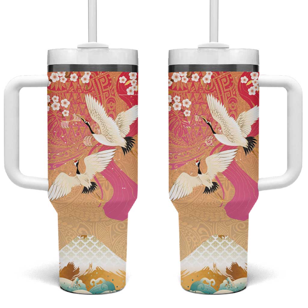 Hawaiian and Japanese Culture Together Tumbler With Handle Kakau Art Tattoo with Cranes and Sakura Spring Vibe - Polynesian Pride