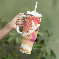 Hawaiian and Japanese Culture Together Tumbler With Handle Kakau Art Tattoo with Cranes and Sakura Spring Vibe - Polynesian Pride