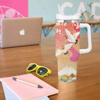 Hawaiian and Japanese Culture Together Tumbler With Handle Kakau Art Tattoo with Cranes and Sakura Spring Vibe - Polynesian Pride