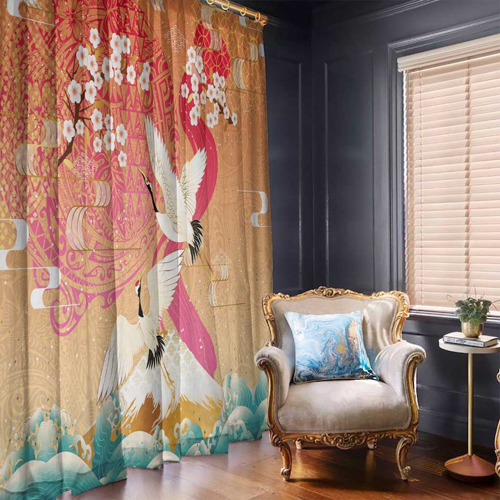 Hawaiian and Japanese Culture Together Window Curtain Kakau Art Tattoo with Cranes and Sakura Spring Vibe - Polynesian Pride