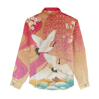 Hawaiian and Japanese Culture Together Women Casual Shirt Kakau Art Tattoo with Cranes and Sakura Spring Vibe - Polynesian Pride
