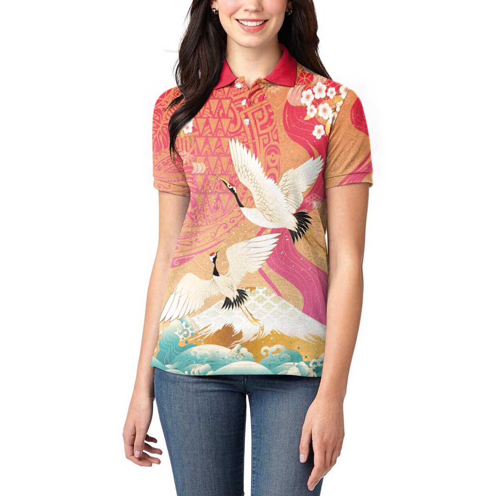 Hawaiian and Japanese Culture Together Women Polo Shirt Kakau Art Tattoo with Cranes and Sakura Spring Vibe - Polynesian Pride