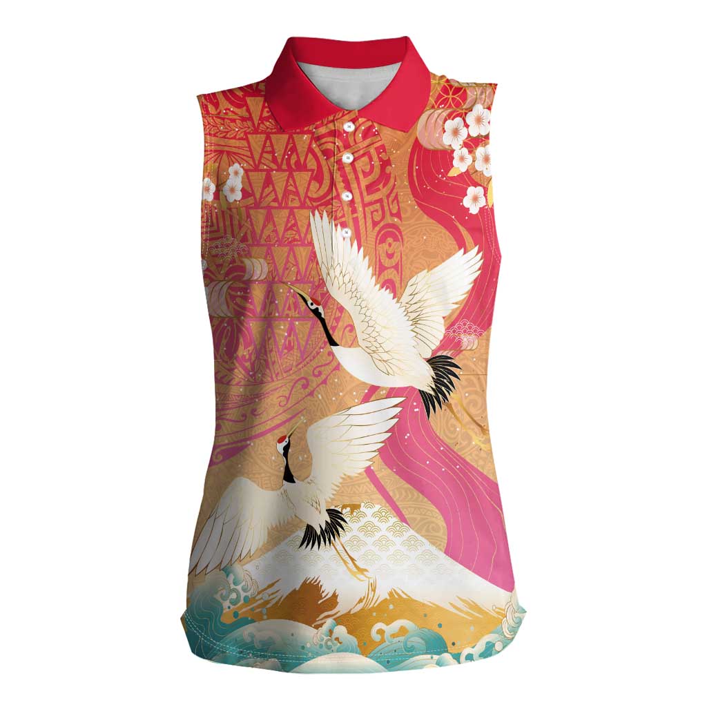 Hawaiian and Japanese Culture Together Women Sleeveless Polo Shirt Kakau Art Tattoo with Cranes and Sakura Spring Vibe - Polynesian Pride