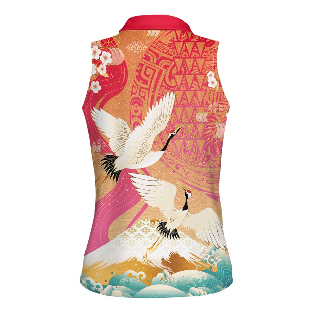 Hawaiian and Japanese Culture Together Women Sleeveless Polo Shirt Kakau Art Tattoo with Cranes and Sakura Spring Vibe - Polynesian Pride