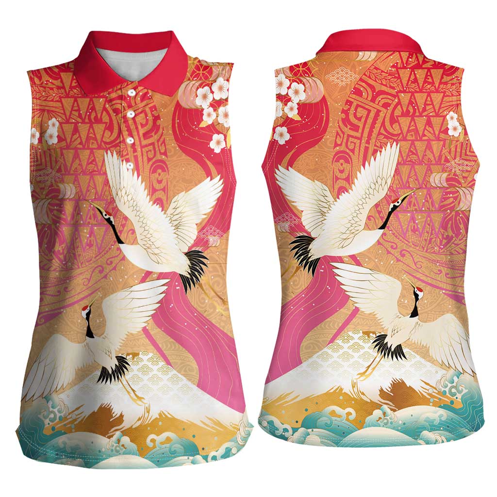 Hawaiian and Japanese Culture Together Women Sleeveless Polo Shirt Kakau Art Tattoo with Cranes and Sakura Spring Vibe - Polynesian Pride