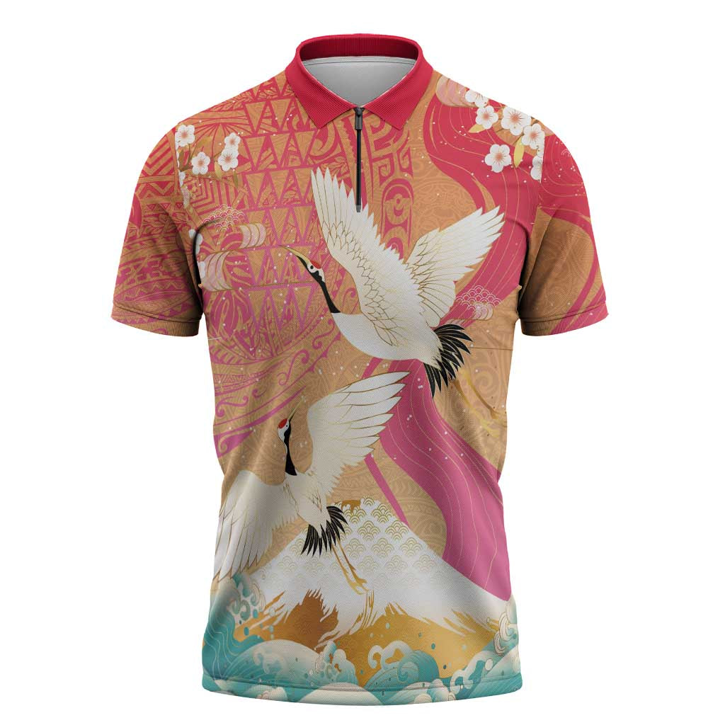 Hawaiian and Japanese Culture Together Zipper Polo Shirt Kakau Art Tattoo with Cranes and Sakura Spring Vibe - Polynesian Pride
