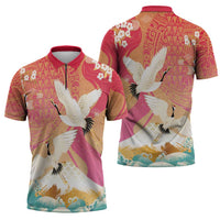 Hawaiian and Japanese Culture Together Zipper Polo Shirt Kakau Art Tattoo with Cranes and Sakura Spring Vibe - Polynesian Pride
