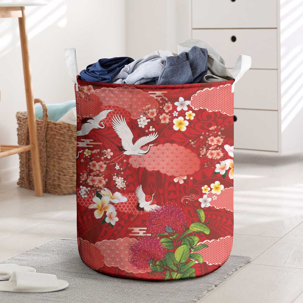 Hawaiian and Japanese Culture Together Laundry Basket Red Ohia Lehua Plumeria and Sakura Blooming - Polynesian Pride