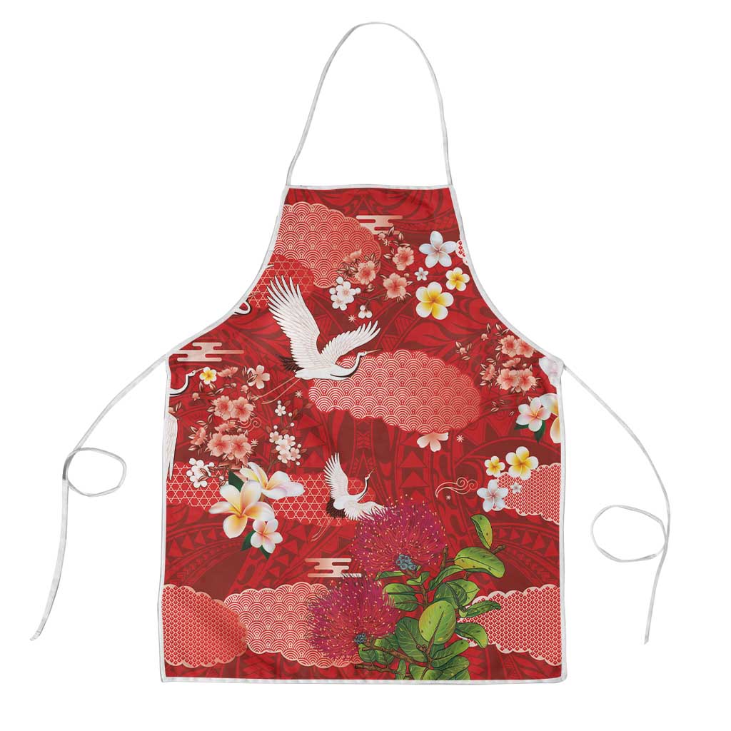 Hawaiian and Japanese Culture Together Apron Red Ohia Lehua Plumeria and Sakura Blooming LT03 Red - Polynesian Pride