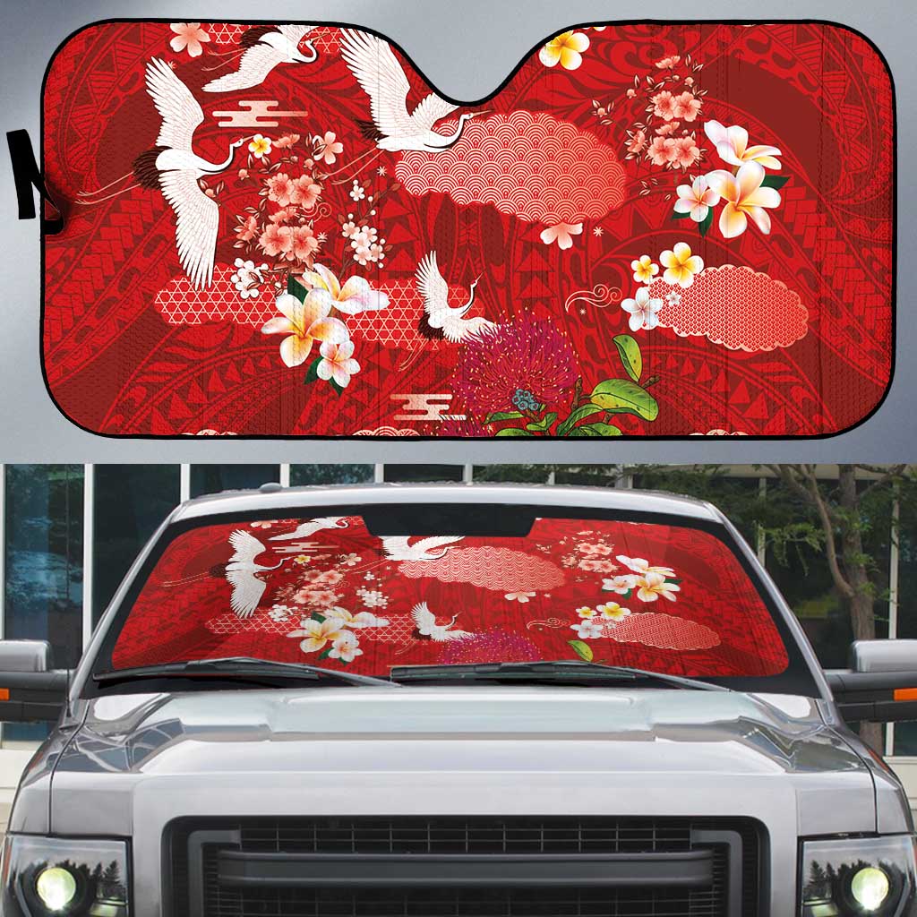 Hawaiian and Japanese Culture Together Auto Sun Shade Red Ohia Lehua Plumeria and Sakura Blooming - Polynesian Pride