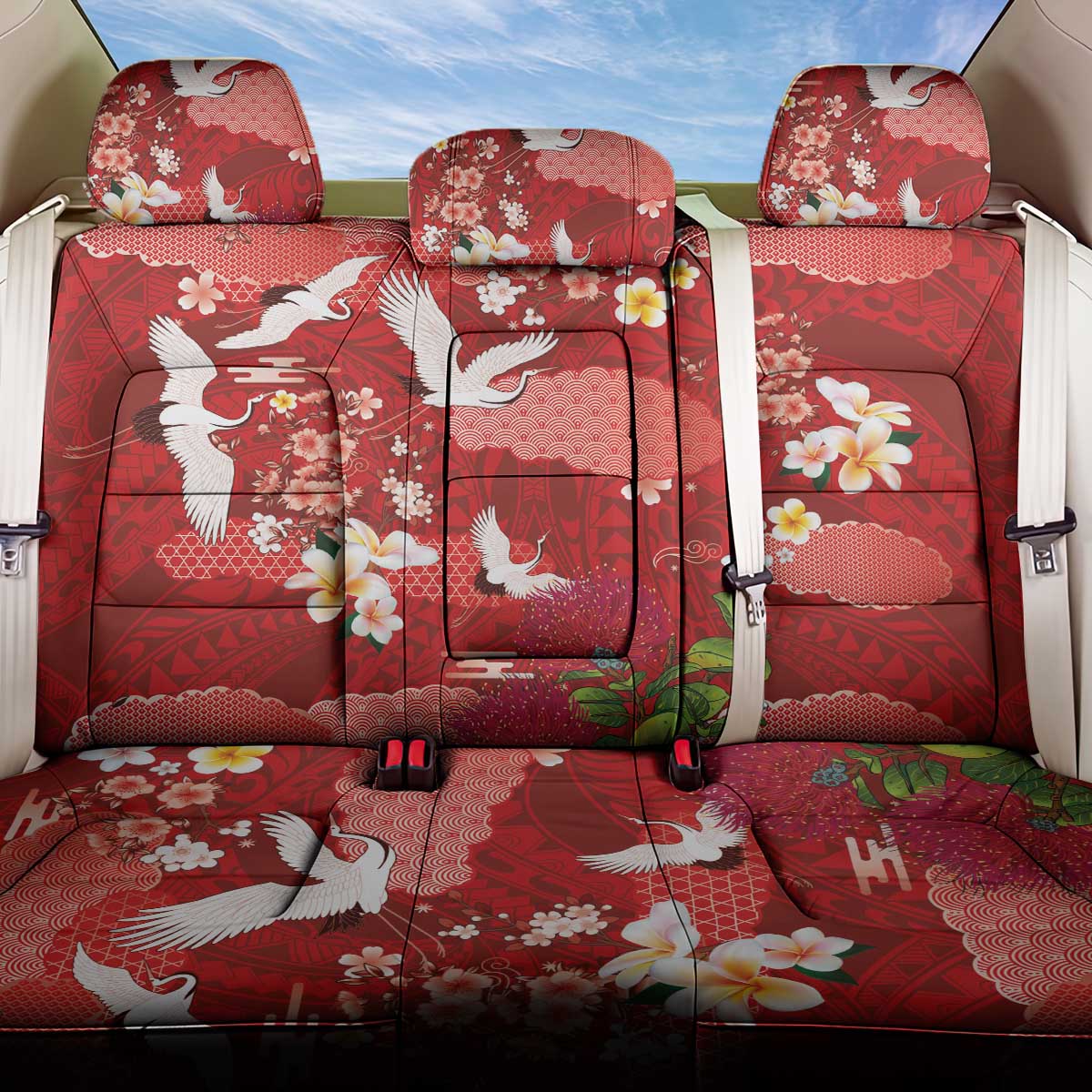Hawaiian and Japanese Culture Together Back Car Seat Cover Red Ohia Lehua Plumeria and Sakura Blooming - Polynesian Pride