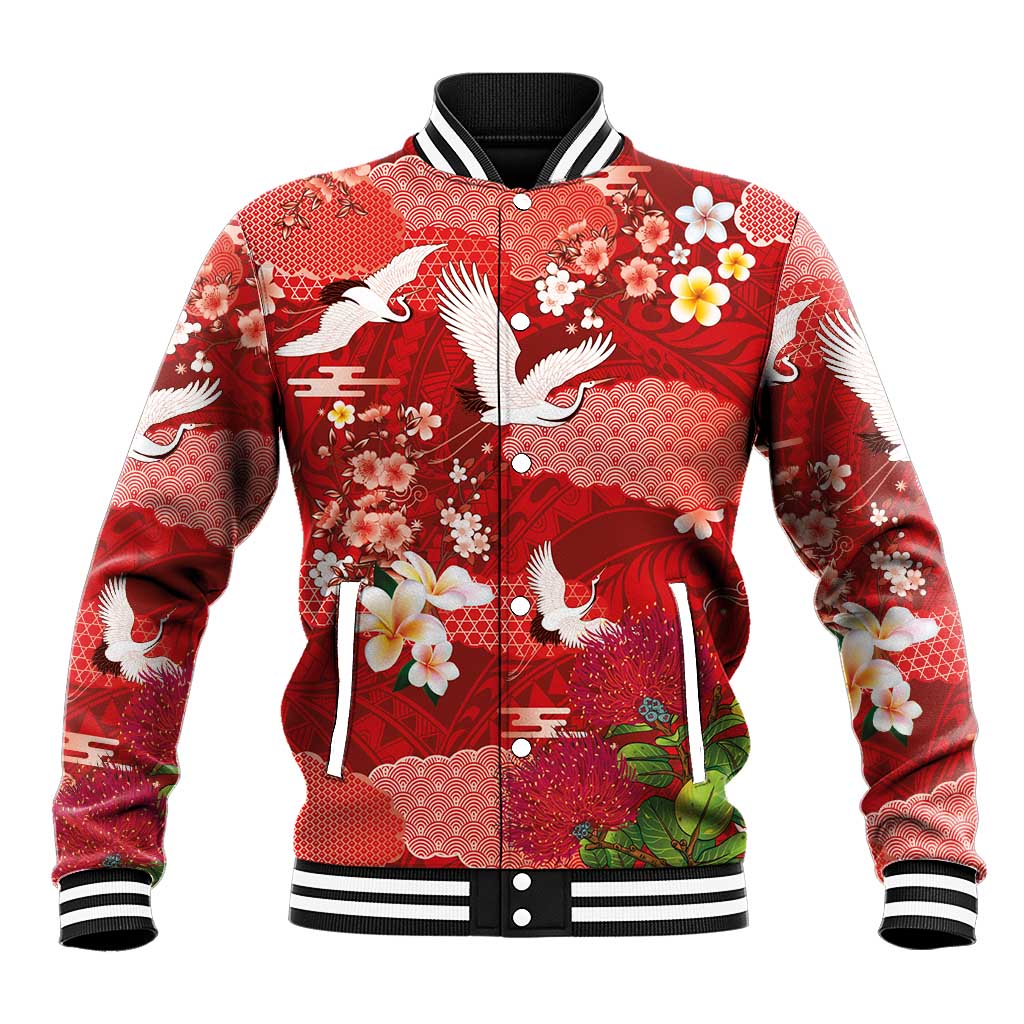 Hawaiian and Japanese Culture Together Baseball Jacket Red Ohia Lehua Plumeria and Sakura Blooming - Polynesian Pride