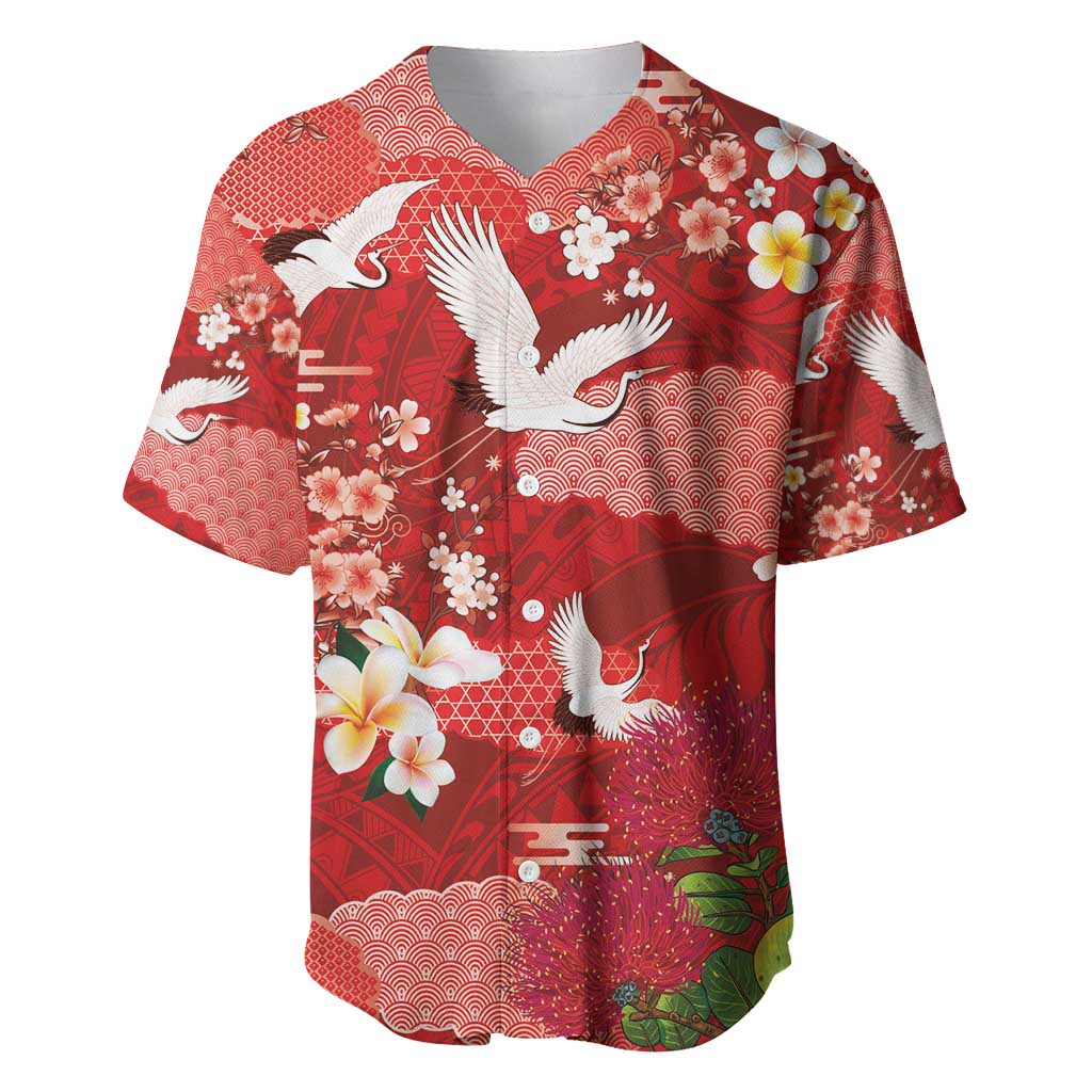 Hawaiian and Japanese Culture Together Baseball Jersey Red Ohia Lehua Plumeria and Sakura Blooming - Polynesian Pride