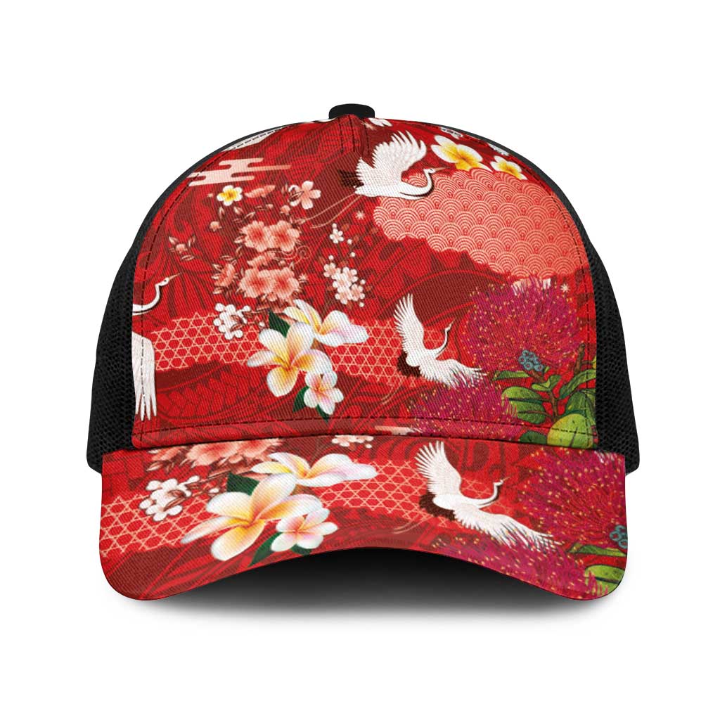 Hawaiian and Japanese Culture Together Baseball Net Cap Red Ohia Lehua Plumeria and Sakura Blooming - Polynesian Pride