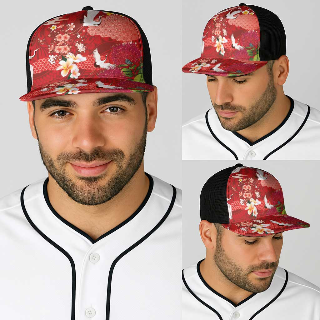 Hawaiian and Japanese Culture Together Baseball Net Cap Red Ohia Lehua Plumeria and Sakura Blooming - Polynesian Pride