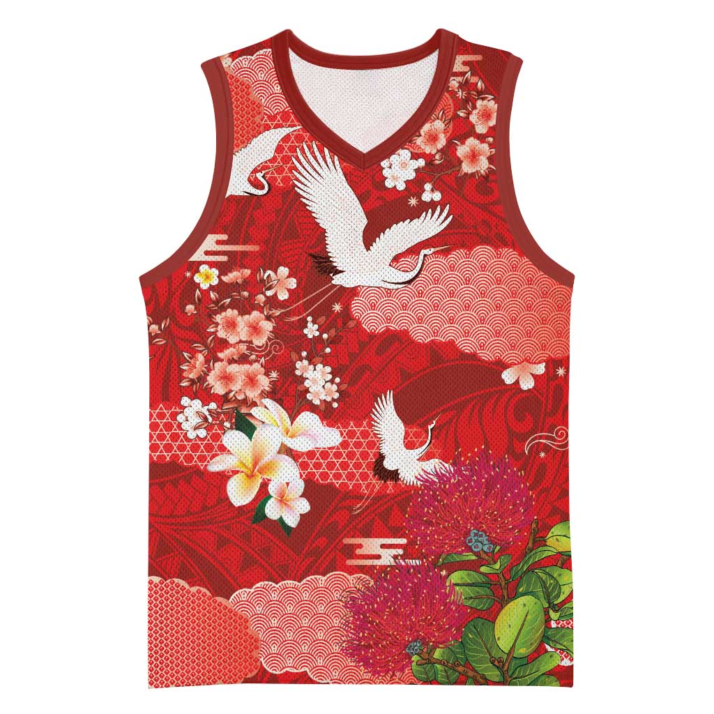 Hawaiian and Japanese Culture Together Basketball Jersey Red Ohia Lehua Plumeria and Sakura Blooming - Polynesian Pride
