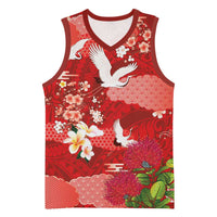 Hawaiian and Japanese Culture Together Basketball Jersey Red Ohia Lehua Plumeria and Sakura Blooming - Polynesian Pride