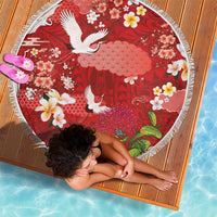 Hawaiian and Japanese Culture Together Beach Blanket Red Ohia Lehua Plumeria and Sakura Blooming - Polynesian Pride