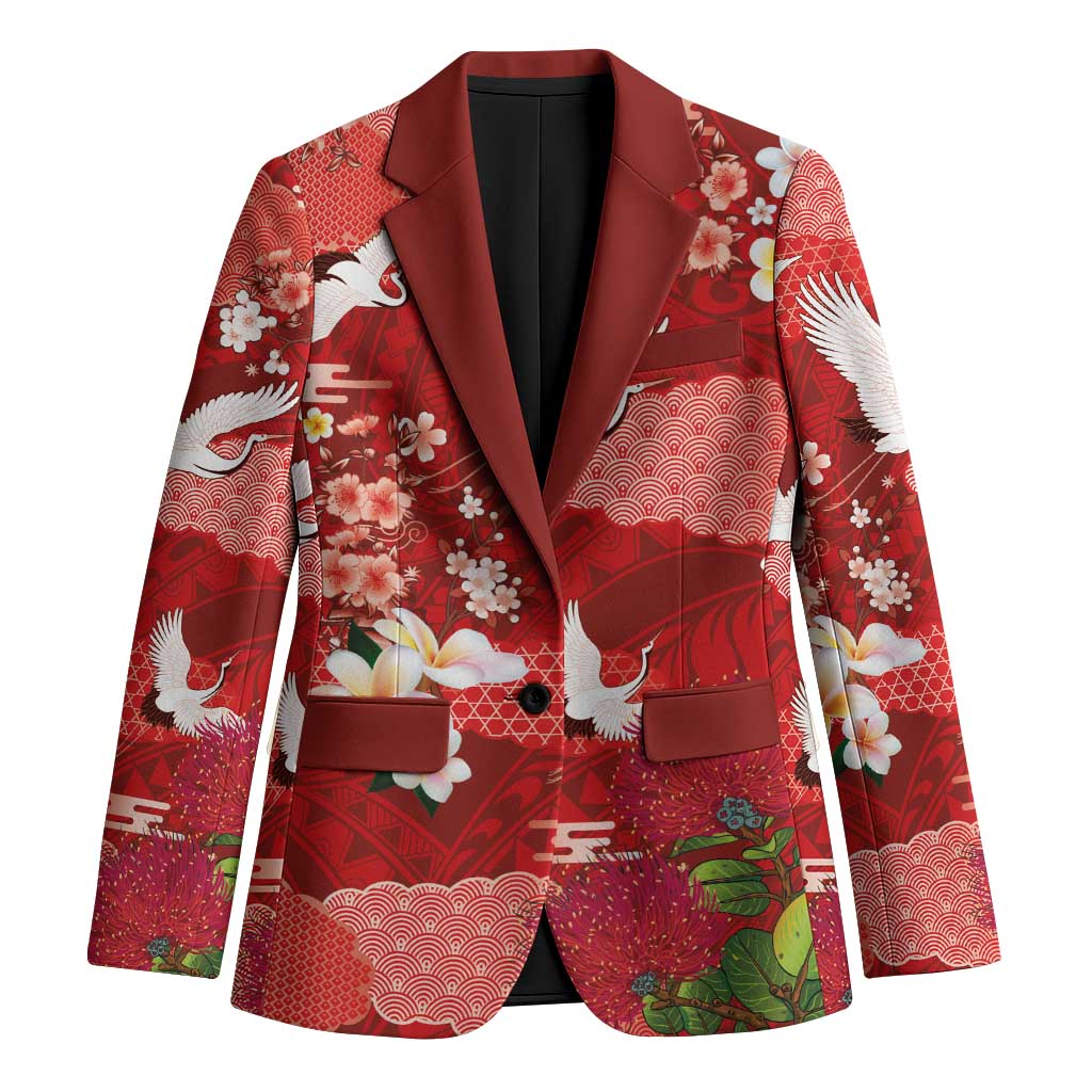 Hawaiian and Japanese Culture Together Blazer Red Ohia Lehua Plumeria and Sakura Blooming - Polynesian Pride