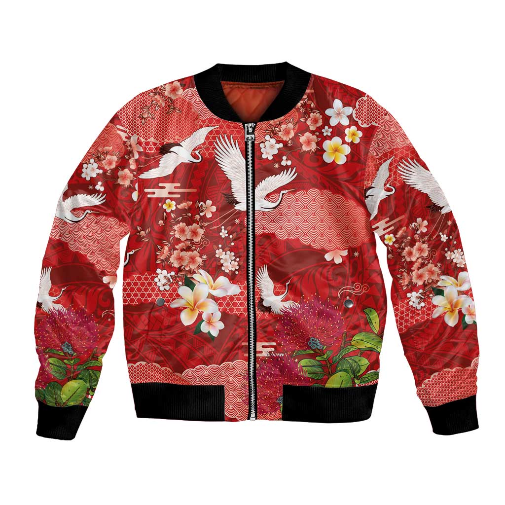 Hawaiian and Japanese Culture Together Bomber Jacket Red Ohia Lehua Plumeria and Sakura Blooming - Polynesian Pride