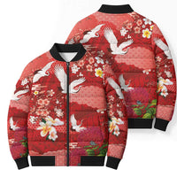 Hawaiian and Japanese Culture Together Bomber Puffer Jacket Red Ohia Lehua Plumeria and Sakura Blooming - Polynesian Pride
