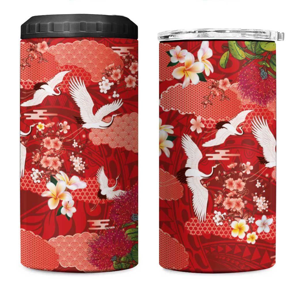 Hawaiian and Japanese Culture Together 4 in 1 Can Cooler Tumbler Red Ohia Lehua Plumeria and Sakura Blooming - Polynesian Pride